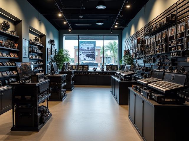 Interior view of Recanto do Som e Imagem store with various audio and video equipment displayed.
